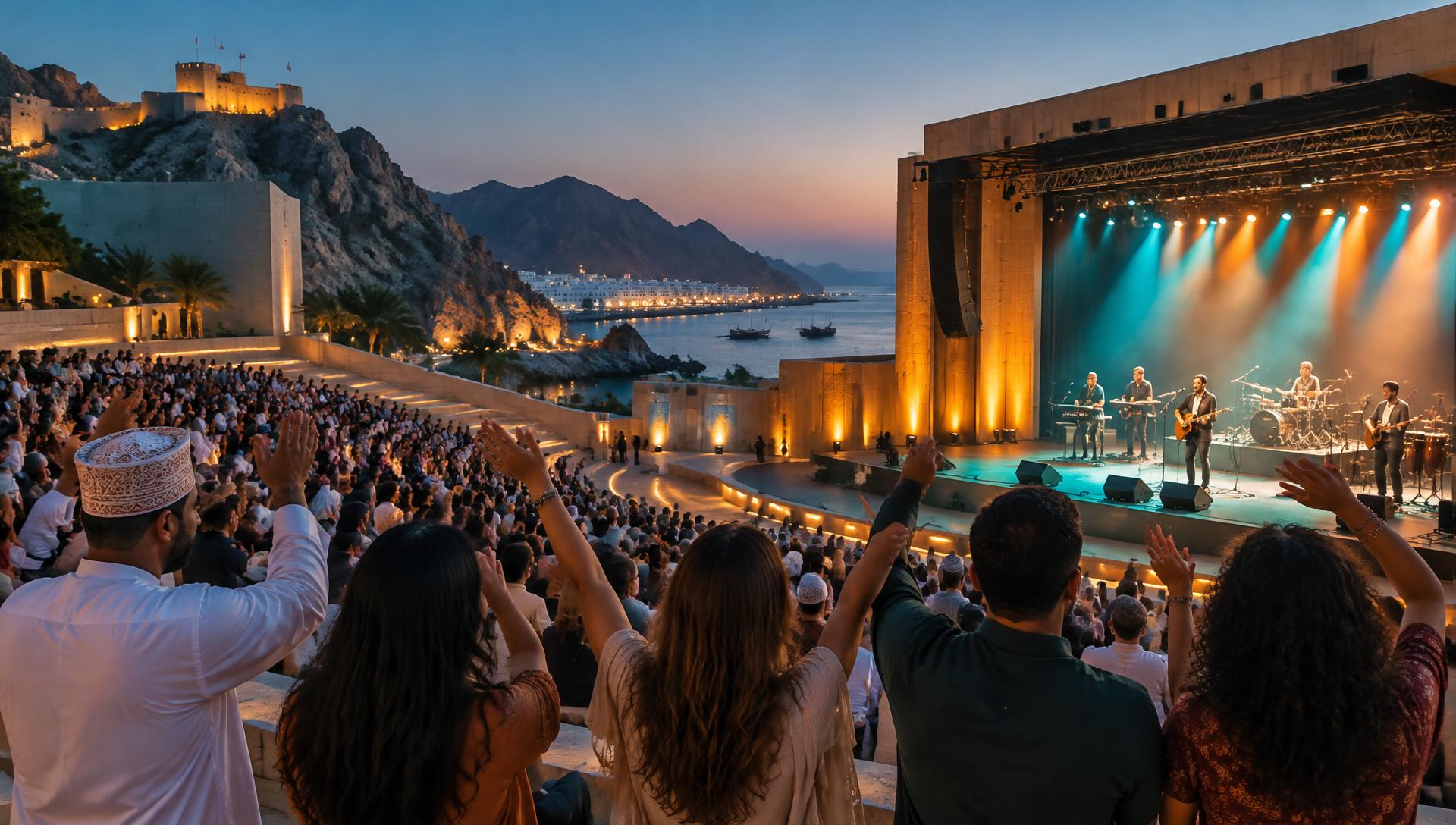Illustrated Oman concert atmosphere with orange and teal stage lights